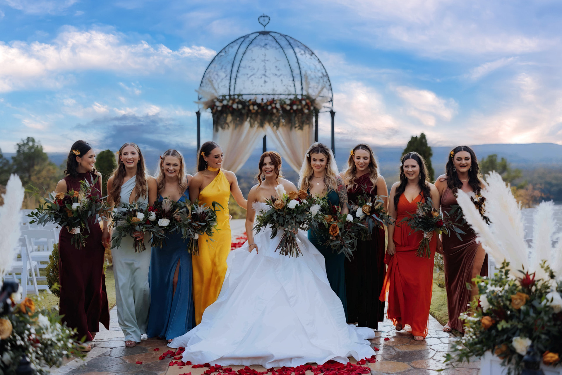 Bride walking with her bridesmaids after the ceremony
